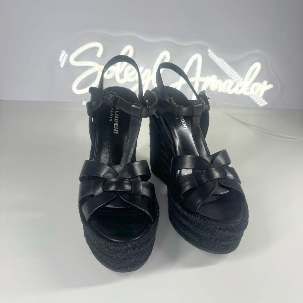 Saint Laurent Tribute Wedge Espadrilles Black Leather Platform Designer Sandals - Picture 7 of 10